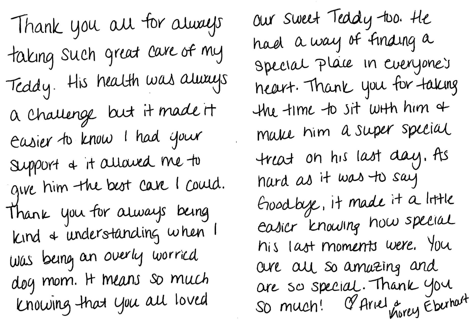 Handwritten note expressing gratitude for caring for a pet named Tedy, describing his health challenges, the support received, and appreciation for making his last moments special.